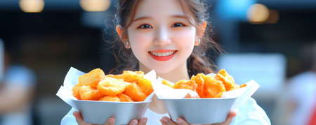 Immerse yourself in the heart of Asian street food! A skilled vendor fries up crispy snacks, served piping hot with a fiery dipping sauce This image captures the essence of culinary tradition, offering a taste of authentic, globally-inspired flavors Experience a unique culinary adventure, where tradition meets delicious innovation, promising AI Generativeの素材