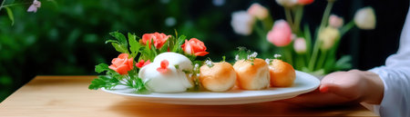 Experience culinary artistry with this high-resolution image Intricate textures and vibrant colors are captured in a carefully composed, elegantly plated dish against a natural backdrop Perfect for showcasing aesthetic appeal in food blogs, restaurant websites, or menu designs, this image is a testament to fine dining and artistic presentation AI Generativeの素材