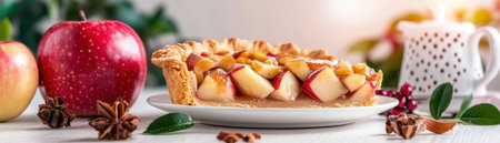 Experience autumn's warmth with this rustic apple pie Its flaky golden crust overflows with spiced apple slices and caramelized sugar Evoking Thanksgiving coziness, the image captures the pie's inviting aroma and comforting flavors Fresh apples and aromatic spices enhance its homemade charm, inspiring baking adventures and nostalgic feelings AI Generativeの素材