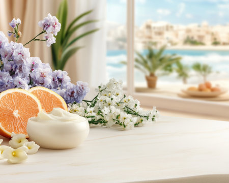 Experience a luxurious seasonal feast of rare ingredients at their freshest Vibrant citrus, delicate blossoms, and creamy textures meet against a serene coastal vista A visually stunning display of nature's bounty promises culinary perfection, offering an exquisite and delectable escape for discerning palates and eyes Discover culinary treasures transcending the AI Generativeの素材