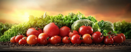 Capture the essence of organic culinary artistry with this image showcasing fresh, farm-to-table ingredients Vibrant tomatoes and crisp lettuce are elegantly arranged, perfect for food blogs and healthy eating promotion It celebrates nature's bounty and the skill of chefs transforming simple ingredients into exquisite, seasonal dishes AI Generativeの素材