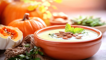 Immerse yourself in autumn's cozy embrace with homemade pumpkin soup Swirls of cream and crunchy roasted seeds adorn this delectable creation Vibrant fall hues set the scene, promising a culinary experience that nourishes body and soul Savor the rich, comforting flavors, a true celebration of autumn's bounty and simple pleasures AI Generativeの素材