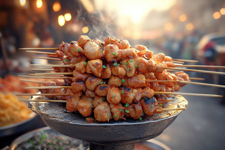 Immerse yourself in Southeast Asia's vibrant street food scene! A bustling market explodes with sizzling skewers, aromatic spices, and countless savory treats Witness skilled chefs crafting mouthwatering meals, capturing the essence of authentic Asian flavors This sensory feast offers an unforgettable culinary adventure, embodying the heart of Southeast Asian food AI Generativeの素材