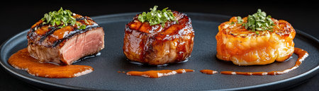 Indulge in culinary perfection: A refined dish of perfectly seared meat, adorned with luscious sauce and fresh herbs, awaits Meticulously crafted with gourmet ingredients, every element showcases precision and passion This symphony of textures and flavors promises an unforgettable gastronomic journey, igniting your senses with an exquisite dining experience AI Generativeの素材