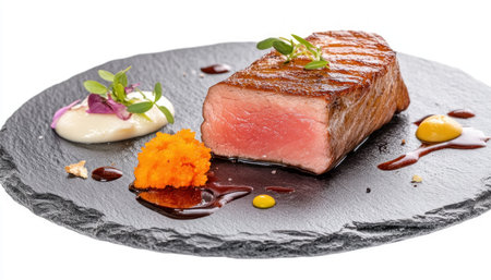 Indulge in visual culinary perfection with this seared tuna steak Its vibrant colors and elegant plating promise a sophisticated, luxurious, and innovative dining experience This masterpiece of gastronomic artistry is perfect for enhancing restaurants, blogs, and food-related media Discover the art of presentation and the exquisite tuna! AI Generativeの素材