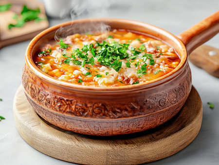 Escape into a world of flavor with our exotic soup Aromatic herbs infuse each steaming spoonful, a comfort food masterpiece served in a handcrafted bowl Experience homemade warmth, perfect for chilly evenings Let the rich, vibrant depths tantalize your senses and promise a delightful, indulgent experience AI Generativeの素材