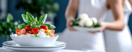 Experience culinary perfection with this image showcasing a gourmet plate Fresh tomatoes, creamy burrata, and vibrant basil are meticulously arranged, creating a tantalizing visual feast The precise angles and rich textures elevate the dish, celebrating the harmonious blend of taste and aesthetics in gourmet cuisine AI Generativeの素材