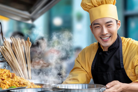 Immerse yourself in the electrifying atmosphere of Asian street food Witness a chef's passionate creation a sizzling, aromatic classic This image encapsulates the artistry and cultural richness of authentic cuisine Discover tantalizing recipes, explore diverse food stalls, and savor global flavors, celebrating the vibrant essence of street food AI Generativeの素材