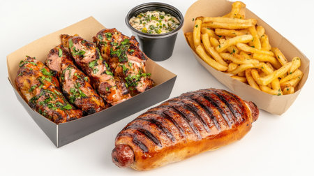 Experience gourmet street food redefined! Artisanal sausages nestled in brioche, alongside herb-dusted fries, create an elevated on-the-go delight Savory flavors meet crispy textures in a culinary symphony, blending tradition with innovation Perfect for foodies, this upscale street-style dining offers an extraordinary journey, one delicious, gourmet bite at a time AI Generativeの素材