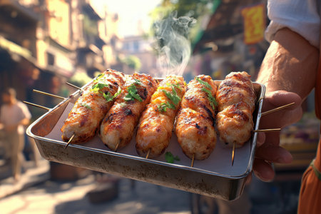 Immerse yourself in a vibrant street food market! This stunning photo captures sizzling skewers, aromatic spices, and the artistry of passionate vendors Experience the bustling atmosphere of a cultural melting pot, where global flavors explode A culinary paradise awaits, offering a true feast for the senses AI Generativeの素材