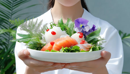 This vibrant photograph captures a culinary masterpiece: a rare delicacy, meticulously crafted with intricate ingredients and presented with refined elegance Indulge your senses in its harmonious blend of flavors and textures, a testament to gastronomic innovation Experience this symphony of tastes, a tantalizing culinary journey promising to captivate discerning palates AI Generativeの素材