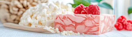 Immerse yourself in a sensory experience This still life photography explores texture through artisanal soap delicacies Witness the interplay of crisp oats, fluffy lather, smooth swirls, and juicy raspberries Visualize the contrast between these elements and imagine their luxurious fragrances Indulge in the visual and tactile harmony of this soap AI Generativeの素材