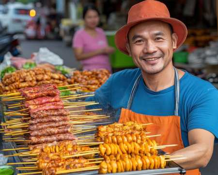Immerse yourself in authentic street food culture! A vibrant marketplace bursts with the smoky aroma of freshly grilled meats Watch a vendor expertly prepare flavorful skewers, infused with fragrant herbs Indulge in savory culinary treasures, each bite a sensory explosion of the freshest ingredients Experience the true taste of the AI Generativeの素材