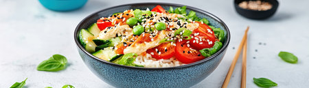 Savor culinary artistry with our vibrant, locally sourced fusion dish! Experience a delightful symphony of flavors and textures in this healthy bowl Crisp vegetables, protein, and flavorful toppings create a balanced and innovative meal Indulge in this nutritious, sustainably crafted creation that celebrates the season's bounty with every delicious bite AI Generativeの素材