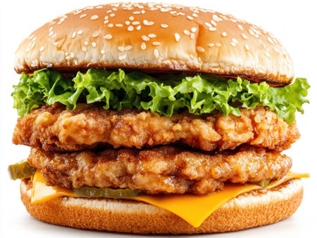Satisfy your cravings fast with this gourmet-inspired, double-decker burger recipe! Crispy fried chicken, melted cheese, fresh lettuce, and tangy pickles burst with flavor between a sesame seed bun Perfect for busy individuals, this surprisingly simple recipe uses high-quality ingredients to deliver a delicious, satisfying meal in minutes, rivaling any fast-food AI Generativeの素材