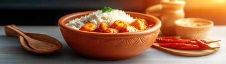 Embark on a flavorful journey to India with this authentic, richly spiced dish Served in a traditional clay vessel, its smoky aroma tantalizes the senses Experience a culinary masterpiece featuring diverse textures and delightful tastes, complemented by steamed rice, fresh garnishes, and chili peppers Share this healthy and flavorful Eastern AI Generativeの素材