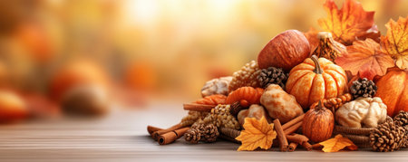 Capture the essence of fall with a vibrant image showcasing autumnal foods and spices amidst pumpkins, gourds, and leaves Evoke Thanksgiving warmth and harvest abundance, perfect for food blogs and seasonal campaigns Add flavor and coziness to your content, making it visually appetizing and welcoming the spirit of the season AI Generativeの素材
