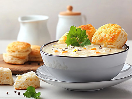 Escape into comfort with this image of creamy chicken and rice soup alongside warm, buttery biscuits This high-resolution photograph captures the textures and inviting aroma of a classic, homemade meal perfect for a cozy night Ideal for food blogs and culinary enthusiasts, it showcases the beauty and satisfaction found in AI Generativeの素材