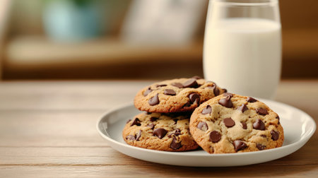Warm, golden-brown chocolate chip cookies, fresh from the oven, sit invitingly beside a refreshing glass of cold milk in this high-resolution photo This classic pairing evokes feelings of warmth, happiness, and pure deliciousness The homemade cookies, perfect for sharing or savoring alone, represent simple pleasures and timeless comfort Indulge in AI Generativeの素材