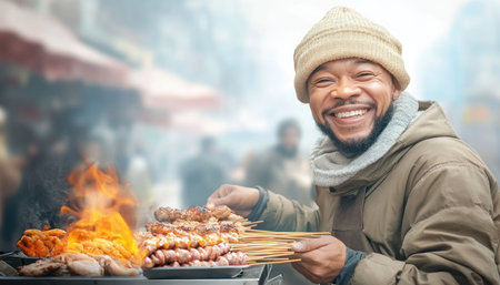 Immerse yourself in authentic street food! Witness succulent meats sizzle on skewers, expertly grilled and brushed with flavorful marinade The smoky aroma and tantalizing taste promise a culinary adventure Savor the perfect blend of spices and tender meat, masterfully prepared by skilled vendors Indulge in this irresistible street-style grilling experience AI Generativeの素材