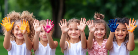 This vibrant image celebrates inclusion through hands-on diversity training Employees collaborate, symbolizing unity and positive interaction Children's smiling faces with colorful painted hands emphasize togetherness Ideal for illustrating diversity initiatives, cultural awareness programs, equity training, and collaborative environments that foster belonging and shared experiences across diverse cultural backgrounds AI Generativeの素材