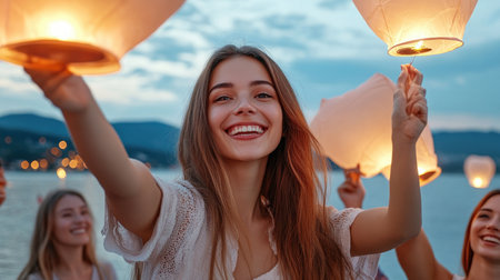 This image depicts a lantern-lit gathering of diverse people, symbolizing belonging, community, and shared values The soft, warm light evokes peace and togetherness, ideal for projects promoting inclusion, harmony, and cultural understanding It captures the essence of human connection, inspiring hope and goodwill through a beautiful illustration of shared humanity AI Generativeの素材