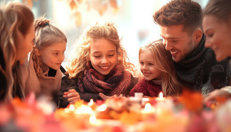 This image celebrates diversity with a heartwarming scene: a multi-ethnic family gathers at a candlelit table, radiating acceptance and unity Their laughter and connection embody togetherness and promote cultural understanding, family values, and social harmony Inspire hope and showcase the beauty of human connection with this image of inclusivity and AI Generativeの素材