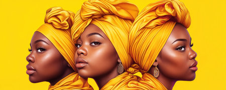 A vibrant image celebrates Black women embracing their cultural heritage, symbolizing resilience and pride through radiant yellow headwraps This community-led initiative promotes unity, inclusion, and acceptance, fostering social harmony Warm tones capture the strength of shared cultural expression, visually narrating togetherness and celebrating diversity AI Generativeの素材