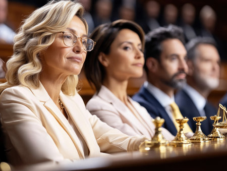 Immerse yourself in dramatic courtroom scenes showcasing diverse legal professionals, judges, and lawyers Explore equality, justice, and the rule of law through powerful visuals emphasizing ethical practice, legal defense, and prosecution strategies Rich, dramatic lighting captures dynamic moments, promoting legal education and highlighting judicial diversity within the justice system AI Generativeの素材