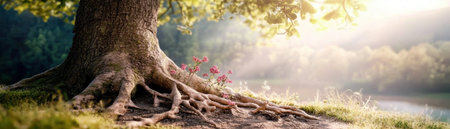 Delve into life's interconnectedness with an image of a massive tree supported by a complex root system Symbolizing belonging, connection, and diversity, this nature-inspired scene reveals the hidden beauty of unity and resilience Discover profound lessons about community and embracing differences within a hopeful, awe-inspiring landscape AI Generativeの素材