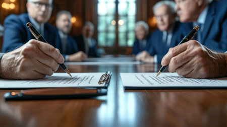 In a historic hall, opposing sides unite, signing a contract symbolizing acceptance, agreement, and unity This powerful image captures the essence of accord, showcasing commitment to mutual understanding and shared progress Witness this monumental occasion, a testament to the enduring power of negotiation, bridging divides and forging a brighter future AI Generativeの素材