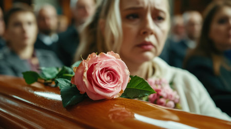 In a chapel filled with mourners, a woman gently places a rose on a casket The solemn scene embodies grief, sympathy, and the delicate farewell Love, respect, and sorrow converge in this sacred space, intertwined with honor and tradition This poignant image evokes remembrance and shared humanity, a powerful reflection AI Generativeの素材