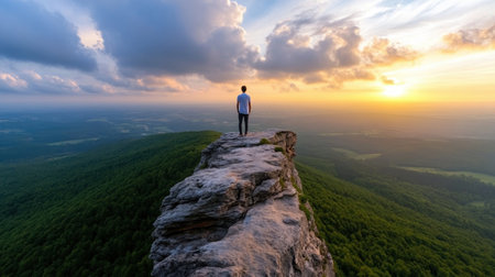 Inspiring image: an Entrepreneur atop a peak, eyes set on a bright horizon This success concept embodies ambition, vision, and determination Conquer goals, overcome obstacles, and reach new heights This visual masterpiece, perfect for motivational content, showcases leadership, resilience, and strategic foresight Embrace the challenge and unlock your potential Witness AI Generativeの素材