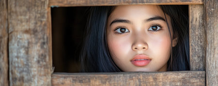 A traveler stands silhouetted within Wat Xieng Thong, Laos, in this captivating photograph The image highlights Southeast Asia's cultural heritage, showcasing serene atmosphere and stunning architecture The woman's contemplative gaze through a temple window invites viewers to experience the charm and mystique of Laos through a lens of exploration and AI Generativeの素材