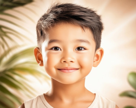 This high-resolution portrait captures the radiant joy of a happy Asian teenage boy His bright, genuine smile embodies youthful exuberance, perfect for advertising, education, or heartwarming content The captivating image resonates with all ages, radiating positivity and cultural diversity, leaving a lasting impression of pure happiness AI Generativeの素材