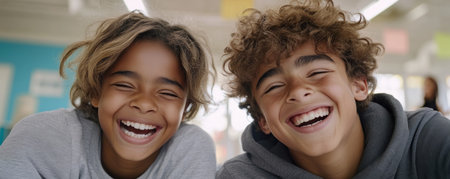 A vibrant classroom bursts with immigrant students sharing laughter and learning English This image showcases cultural exchange and academic progress as children connect through language, fostered by a supportive educational environment It highlights inclusivity, language acquisition, and cross-cultural understanding, emphasizing education's role in nurturing globally-minded citizens ready to thrive AI Generativeの素材