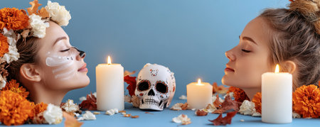 Immerse yourself in D a de los Muertos with this vibrant image showcasing a traditional altar Glowing candles illuminate bright marigolds and intricately decorated sugar skulls against a dark backdrop This image captures the heart of the festive holiday, blending cultural heritage, remembrance, and celebration Honor loved ones with this colorful AI Generativeの素材