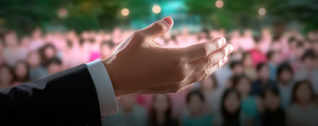 An inspiring image captures a speaker igniting a large business convention, driving success through leadership and motivation Witnessing audience engagement, the scene embodies strategic vision, corporate growth, and innovative strategies Ideal for marketing, presentations, or articles, it showcases communication, teamwork, and professional development, inspiring future leaders with actionable content to AI Generativeの素材