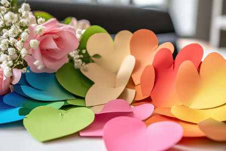 Embrace love and diversity with this seamless rainbow heart pattern, a vibrant symbol of LGBTQ pride Perfect for wallpaper, textiles, and digital art, these colorful paper hearts on a white background represent inclusivity and equality Express your support and create uplifting designs celebrating love with this heartwarming pattern AI Generativeの素材