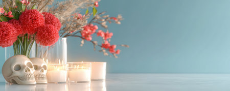 This D a de los Muertos still life captures the holiday's essence A traditional altar glows with candlelight, highlighting vibrant marigolds and whimsical sugar skulls The dark backdrop accentuates the scene, creating a somber yet beautiful atmosphere This image perfectly illustrates the spirit and remembrance of loved ones associated with this AI Generativeの素材