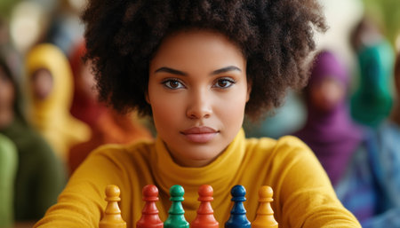 A woman protectively shields vibrant, diverse pawns on a wooden table, symbolizing unity and inclusion This close-up image powerfully captures the essence of safeguarding differences and promoting equality The colors represent diverse communities working together, while the gesture underscores safe, supportive spaces Witness the strength of togetherness and resilience, fostering AI Generativeの素材