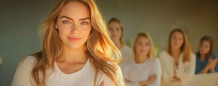 A confident young female CEO embodies modern entrepreneurship, leading her startup with strategic vision in a dynamic office This image captures female empowerment, showcasing a leader inspiring her team and driving innovation Success, teamwork, and innovation are central, illustrating the power of women in business, with her confidence reflecting her AI Generativeの素材