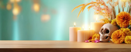 Immerse yourself in D a de los Muertos with this vibrant image A beautifully adorned altar glows with candlelight, surrounded by bright marigolds and intricately decorated sugar skulls The dark background emphasizes the rich cultural heritage and symbolizes remembrance, honoring loved ones in this visually stunning representation of the cherished Mexican AI Generativeの素材