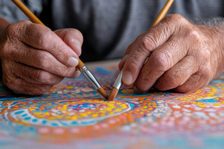 Delve into Australia's soul, witnessing an Aboriginal artist craft intricate dot paintings Explore vibrant culture and ancient techniques passed down through generations, where each dot narrates a story Immerse yourself in this artistry, celebrating creativity and connection to the land Uncover the heart of authentic Aboriginal tradition in every careful AI Generativeの素材