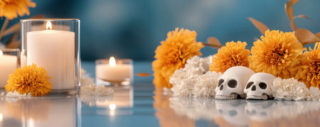 Immerse yourself in D a de los Muertos with this vibrant image of a traditional altar Glowing candles illuminate bright marigolds, contrasting beautifully against the dark backdrop Intricate sugar skulls add a festive and reverent touch, honoring loved ones Perfect for cultural celebrations and remembrance displays, this photo captures the essence AI Generativeの素材