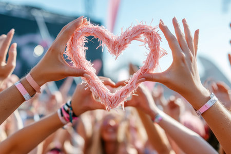 A music festival's heart, captured in cupped hands This stunning image symbolizes love for the artist and the electrifying atmosphere Energy and passion radiate from the crowd, united by shared joy and unforgettable moments It embodies unity, connection, and the celebratory spirit defining the festival experience, a harmonious symphony of AI Generativeの素材