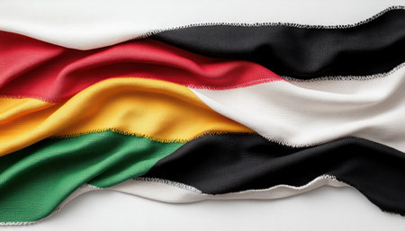 Honor Black History Month and Juneteenth with this textile texture featuring the Pan-African flag's powerful red, yellow, green, and black Ideal for educational resources or artistic tributes, the vibrant fabric embodies African American freedom, hope, and unity Explore the rich symbolism within this detailed pattern, celebrating the essence of Black AI Generativeの素材