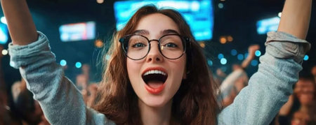 Professionals celebrate a triumphant business milestone after analyzing successful performance analytics Improved KPIs, revenue growth, and market expansion fuel their jubilation, showcasing high-performance teamwork and a positive, results-driven culture This vibrant image perfectly illustrates corporate success, innovation, and achievement AI Generativeの素材