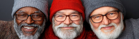Capture the warmth of the holidays with this heartwarming image! A diverse collage of cheerful elderly faces, etched with wisdom and experience, radiates unity and human connection Dressed in festive attire, these gentlemen embody the joy of the season Spread goodwill and celebrate shared experiences with this high-quality image, perfect AI Generativeの素材