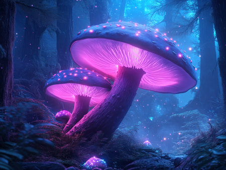 Enter a magical forest aglow with bioluminescent mushrooms and dancing fireflies, revealing a hidden fairy dwelling nestled amongst ancient trees Capture the ethereal beauty and serenity of this enchanting realm, perfect for wallpapers, art prints, and creative inspiration Experience the wonder and mystery of nature's captivating bioluminescence AI Generativeの素材